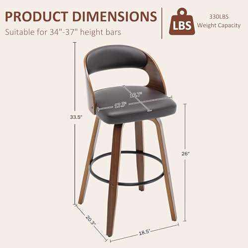 Image of AQG Swivel Bar stools Set of 2 Bar Chairs 26 inch Counter Height Mid-Century Modern Bentwood Barstool PU Leather Upholstered Bar Chair with Back and Footrest, for Bar, Cafe, Dining, Kitchen Island, Brown