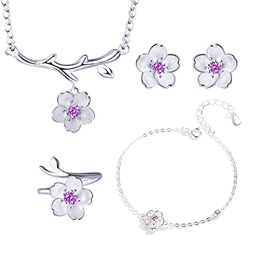 HCMA Conjuntos de Joyas de Plata 925 Collar de Flores románticas con Flores de Cerezo + Pendientes + Anillo + Pulsera para Mujer Conjunto de Joyas de Fiesta de Boda