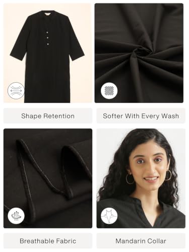 Image of SAADAA Women's Linen Straight Fit Straight Long Kurta Airy Plain Kurta, 3 /4 Sleeve, Knee Length Kurtis with Pockets, Casual and Office Wear