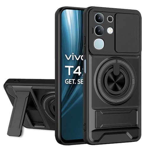 Image of AESTMO Vivo T4X / Z10X / Y31 Pro 5G Back Cover | Armor Camera Slider 360 Degree Rotating Finger Ring Holder Case with Bracket Stand Back Case Cover (Compatible with MagSafe Accessories) (Black)
