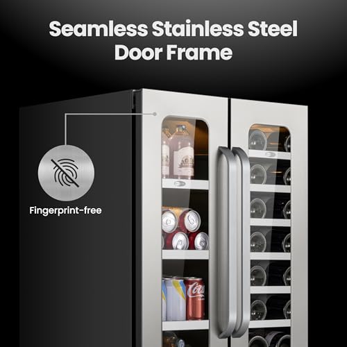 Image of Wine and Beverage Fridge Glass Door Dual Zone 20 Bottles 60 Cans Built in Beverage Refrigerator or Freestanding Wine Cooler Under Counter French Door Refrigerators for Beer Drink Home Bar 5.65 Cu.ft