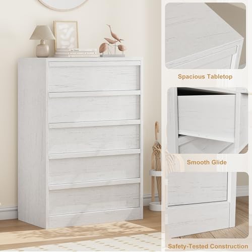 GarveeHome 5 Drawer Dresser for Bedroom, White 5 Chest of Drawers Tall with Large Drawers Storage, Modern Dresser Organizer for Living Room, Nursery, Entryway