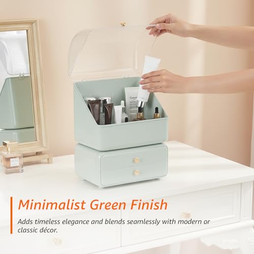 Image of Amazon Basics Glossy ABS+PET Cosmetic Storage Organizer | 26.6 x 18 x 35.4 cm | 2 Compartments | Waterproof & Dustproof Lid | Light Green