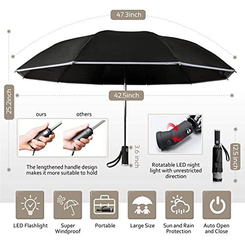 Splaks Compact Travel Umbrellas For Rain, 2 Pack Large Windproof Reverse Rain Umbrellas With Shoe Covers - Portable, 47.3 Inchs, Led Flashlight & Reflective Stripes For Night Safety (Black) #TOP5