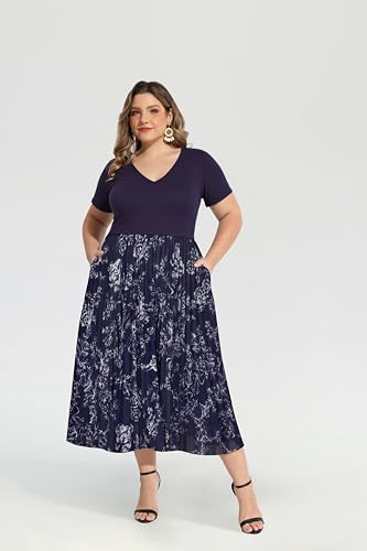 Image of CARCOS Plus Size Dresses for Women Summer Short Sleeve V Neck Patchwork Dresseses XL-5XL
