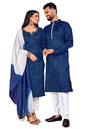 Pyjama Kurta soie jacquard bleu ensemble homme femme vêtement nuit XL