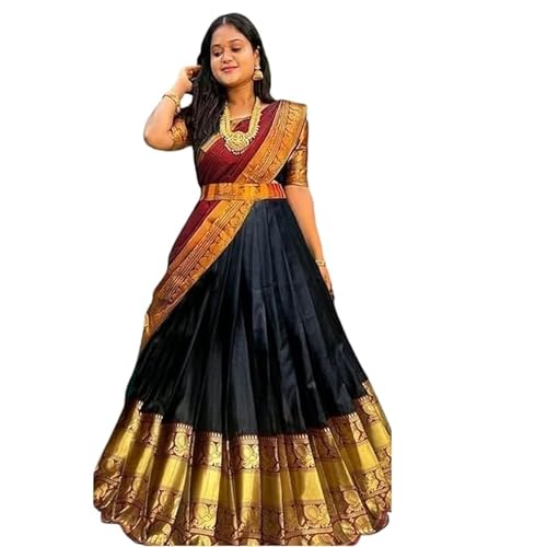 Image of Renvani Fashion Women's Printed Pattern Art Silk Semi-Stitched Lehenga Choli Set Unstitched Blouse Piece and Zari Lace Work