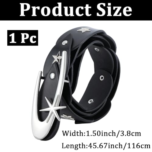 45.67 x 1.5 Inch Vintage Punk Rock Rivet Waistband PU Leather Star Studded Belt Adjustable Fashion Gothic Waist Belt with Metal Star Buckle for Women Jeans Skirt Halloween (Black)2