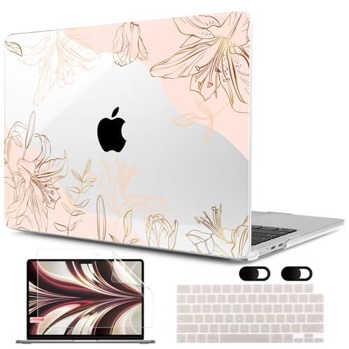 Image of MEEgoodo Case for M5 /M4 /M3 /M2 MacBook Air 13 inch 2026 2025 2024 2022, Fit Model A3449 /A3240 /A3113 /A2681, Case Compatible with MacBook Air 13.6-inch, Gold Flowers Lilies