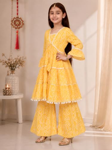 Image of Preneum Girl's Cotton Rayon Bandhani & Lahariya Printed Angrakha Kurta with Sharara & Dupatta