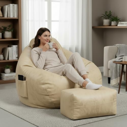 Image of KAM'S LIEU 4XL Suede Bean Bag Chair with Footrest & Cushion | Filled with High Density Polystyrene Beans | Premium Soft Fabric | Teardrop Design with Handle | Ready to Use Color- (Cream, Bean Bag)