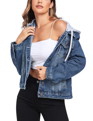 Anienaya Women's Hooded Jean Jacket Drawstring Layered Washed Long Sleeve Detachable Hoodie Denim Jacket w 2 Pockets4