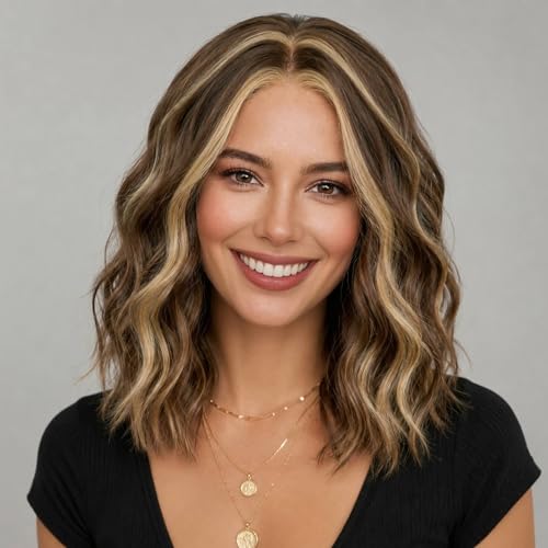 Image of Eawwii Caramel Brown with Honey Blonde Highlights Short Wavy Wig for Women Lace Hairline Bob Style Synthetic Heat Resistant - Natural Appearance for Everyday Hairstyle 14 Inch
