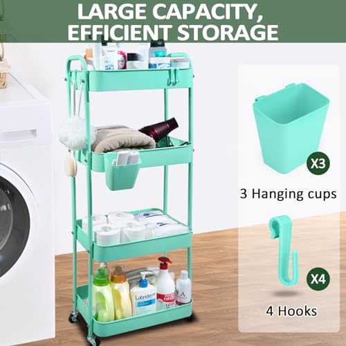 WONSAR Carrinho de 4 Andares, Carrinho de Metal com Rodas, 3 Copos Suspensos e 4 Ganchos, Carrinho U