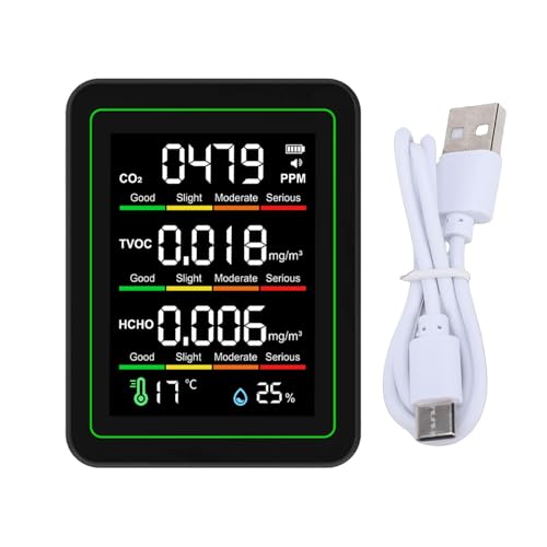 Eujgoov ZN MT11 Monitor de Calidad del Aire, Detector de Humedad y Temperatura CO2 TVOC HCHO 5 en 1 para Interiores, Negro