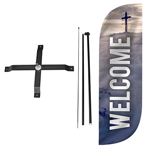Image of LookOurWay Feather Flag Set - 5ft Tall Advertising Banner Flag with Pole Kit and X-Stand for Business Promotion - Welcome Church