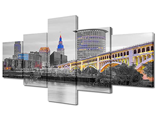 Tableau 5 pièces pour chambre Cleveland skyline canvas wall art 127x61 cm