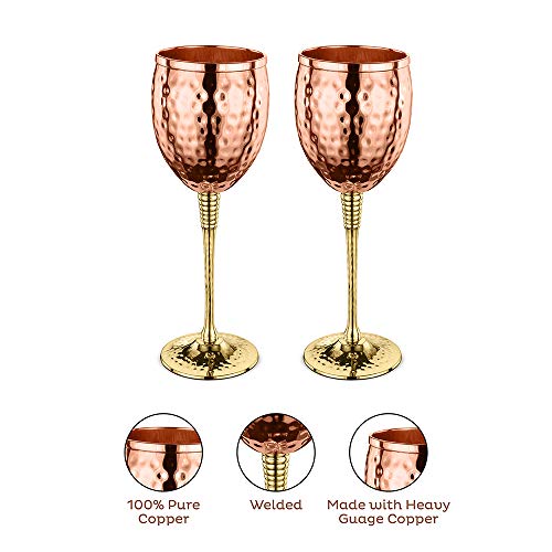 Avador Set Of 2 Shatterproof 100% Handcrafted Copper Wine Glasses Hammered Finish 16 Oz. Gift Set #TOP1