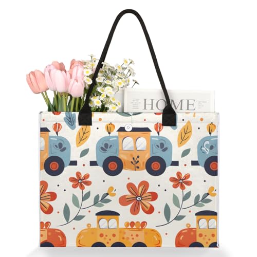 Cartoon Train Flowers Tote Bag for Women Large Beach Bag Reusable Tote Bags for Work Travel Beach Shopping3