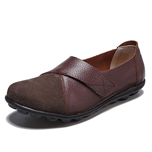 Image of Ladies Leather Slip On Flat Loafers,Low Top Casual Walking Nurse Shoes,Outdoor Versatile Trendy Driving Shoes.