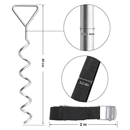 SONGMICS Bodenanker für Trampoline, Spiral-Bodenverankerung, Set aus Erdankern aus verzinktem Eisen und Polyester-Gurten mit ABS-Schnallen, zur Befestigung am Boden, silbern-schwarz SGN15INV1