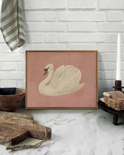 Image of KISSFOX Framed Wall Art Vintage Wall Decor Pink Swan Pictures Retro Animal Canvas Art Rustic Aesthetic Paintings Farmhouse Artwork For Bedroom Living Room Kitchen
