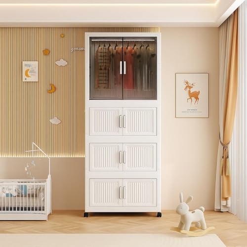 Image of 3-Door Plastic Wardrobe for Kids| Almirah and Wardrobe for Baby Clothes| Modular Storage Cabinet with Wheels|Kids Multi-Purpose Collapsible Wardrobe (White-WWA, 3-Layer)