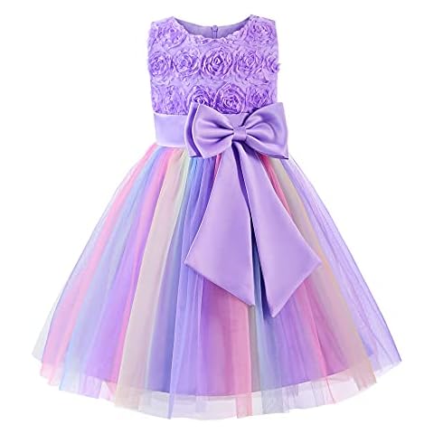 Uhnice Little Girl's Sleeveless Tulle 3D Flower Rainbow Dress for Wedding Party (7 Years, Purple) Cover