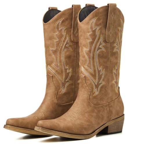 RURUNA Cowboy Boots for Women, Cowgirl Boots with Embroidered and Chunky Heel, Ideal for Daily Wear and Country Fashion, Tan 8.5
