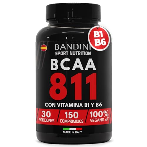 Bandini® BCAA 8.1.1 - Aminoácidos de Cadena Ramificada - BCAA 8:1:1 con Leucina, Isoleucina, Valina y Vitamina B1 y B6 - Sin Lactosa - Vegano - Suplemento Pre y Post Entrenamiento - 150 comprimidos
