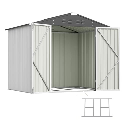 Image of Devoko 8 x 6 FT Storage Sheds with Floor Frame, Waterproof Garden Tool Shed with Lockable Door, Outdoor Metal Utility Shed for Backyard Patio Lawn, White