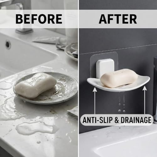 Image of Self-Adhesive Soap Holder for Bathroom (2 Pack (Black /White)) Wall Mounted No-Drill Soap Stand with Water Drainage | Strong Sticker Plastic Soap Dish for Wash..