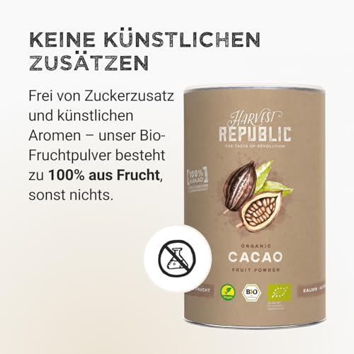 HARVEST REPUBLIC Bio-Kakaopulver aus hochwertigen Bio-Kakaobohnen | Perfekt für Smoothie Bowls, Porridge und Frühstücksbowls | 100% echter Kakao ohne zugesetzten Zucker (125 g)