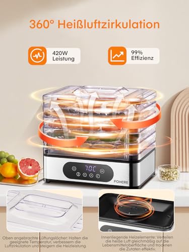 FOHERE Dörrautomat Edelstahl, Dörrgerät mit 5 höhenverstellbaren Tabletts, LED-Anzeige, 420W, 35-70°C, 48h-Timer, für Lebensmittel, Pilze, Früchte, Fleisch, Fisch, Gemüse, BPA frei – Bild 5
