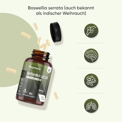 Weihrauch Kapseln - 2000mg Boswellia Pulver je Kapsel - 6 Monate Vorrat - 400mg Weihrauch Extrakt - 85% Boswelliasäuren - 180 vegane Kapseln - Indischer Weihrauchkapseln - WeightWorld