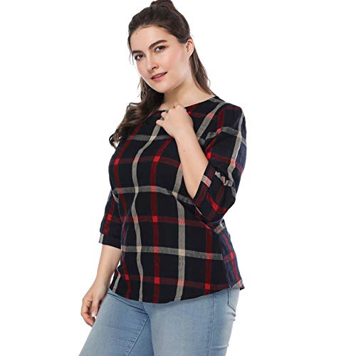 Domary Moda feminina blusa feminina xadrez estampado gola 3/4 manga plus size casual solta vintage c