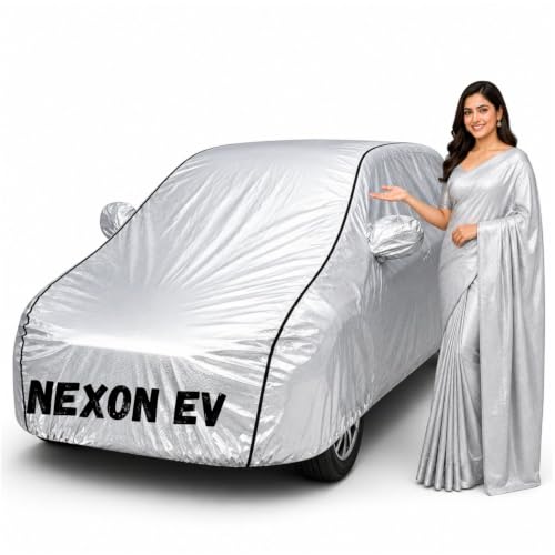 Image of Waterproof Car Body Cover for Nexon Ev All Weather Protection Comes with Inner Cotton Lining & Triple Stitched with Mirror & Antenna Pocket Belt & Elastic Fit Metallic Silver with Black Piping