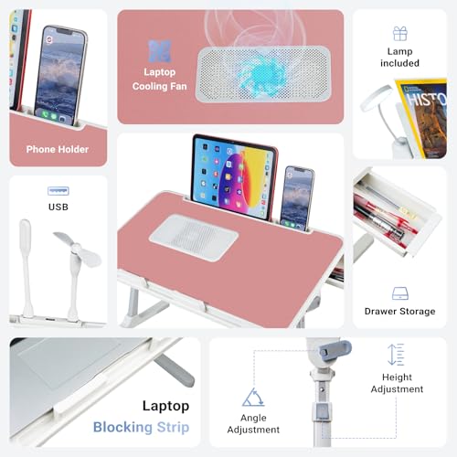 Image of iXTRA Laptop Lap Desk Include Cooling Fan,Adjustable Lap Desk with Light Fan,Folding Laptop Desk for Bed with USB,Bed Desk with Storage Drawer 56x32cm,Pink