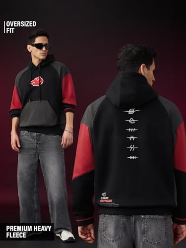 Image of The Souled Store Naruto Red Cloud Men and Boys Long Sleeve Hooded Neck Black Graphic Cotton Polyester Blend Oversized Fit Hoodie