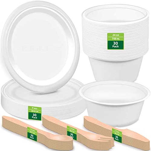HOMURG Einweggeschirr Set mit Pappteller und Pappschüssel und Besteckset für 30 Personen Essteller + Schüssel + Holzbesteck Set Einweg 150 Stück Geschirrset und Tellerset mit Papierschalen für Party