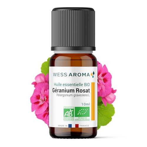 Huile Essentielle BIO de Géranium Rosat 10ML - Certifiée AB - 100% Pure & Naturelle, Chémotypée HEBBD - Pratiques agricoles durables - Analysée et conditionnée en France