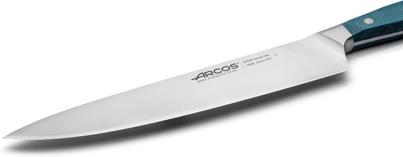 Arcos Forged Chef Knife Stainless Steel Size 10 Inch. Professional Micarta Handle & Special Silk Edge and Silver Blade 250 mm. Impress and Amaze with Every Cut. Series Brooklyn. Blue Color.