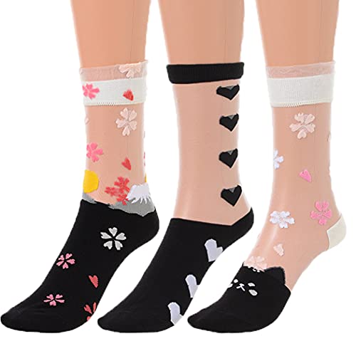 Image of Formery 3 Pairs Transparent Lace Mesh Socks Cute Ultrathin Sheer Ankle Socks Crystal Glass See Through Short Silk Stockings for Women and Girls