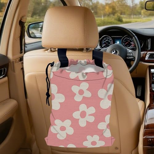 Image of Pink Groovy Flowers Car Garbage Bag, Small Car Trash Bag Hanging,Drawstring Car Garbage Bag with Adjustable Buckle for Car Back Seat,SUVs,Camping,Road Trips