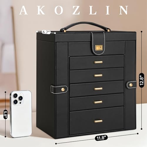 AKOZLIN Huge Jewelry Box Organizer Functional Lockable, Extra Large Leather Jewelry Storage Case for Women Girls Ring Necklace Earring Bracelet Holder Organizer with Mirror Black