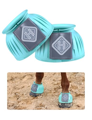 Harrison Howard 2/Pack Rubber Pull-on Bell Boots with Upgraded Leather Touch-Close Tape, Hoof Overreach Protection for Horses, Bell Boots for Horses, Extra Thick Rubber for Durability Turquoise XL