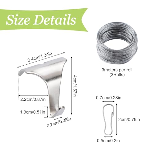 Image of Picture Hanging Kit 3Pcs Picture Rail Hooks & 3Pcs 3M Wires & 6Pcs Small Hooks, Metal Rail Hanging Hook Picture Display System for Wall Picture, Exhibition(Silver)