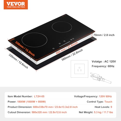 Image of VEVOR Electric Cooktop, 24 inch 2 Burners Built-in Electric Stove Top, 1800W Ceramic Top Radiant Cooktop with 9 Heat Level, Glass Panel, Touch Control, Timer, Child Lock, Residual Heat Indicator, 120V