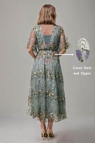 Flower Embroidery Tea Length Mother of The Bride Dresses Short Sleeves A-Line Formal Gowns for Prom Wedding Party DR05904