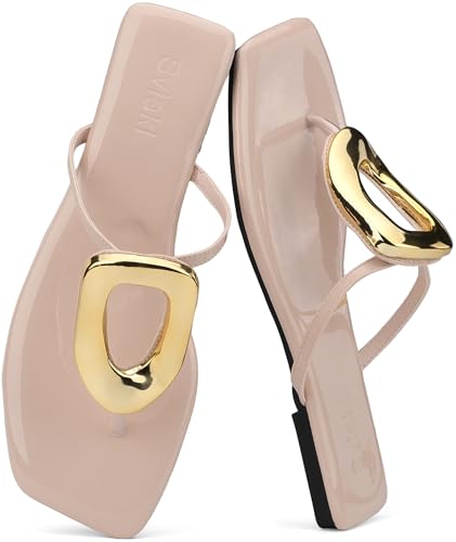Womens Flat Sandals Square Comfortable Flip Flops Slide Summer Beach Shoes with Metal Decoration-apricot36